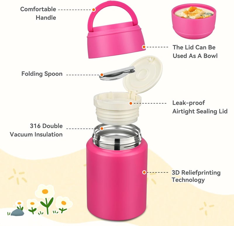 Aimsnk 17oz Soup Thermo for Hot Food Kids Insulated Food Jar,Thermo Hot Food Lunch Container, Width Mouth Stainless Steel Lunch Box for Kids with Handle Folding Spoon(Rose Red-Pure) - Image 3